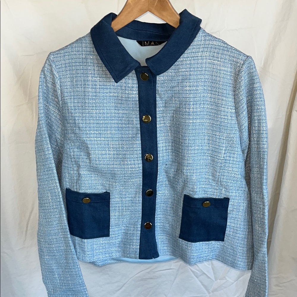 IMAN Light Blue Cropped Button-Front Jacket with Dark Blue Trim L - Picture 4 of 5